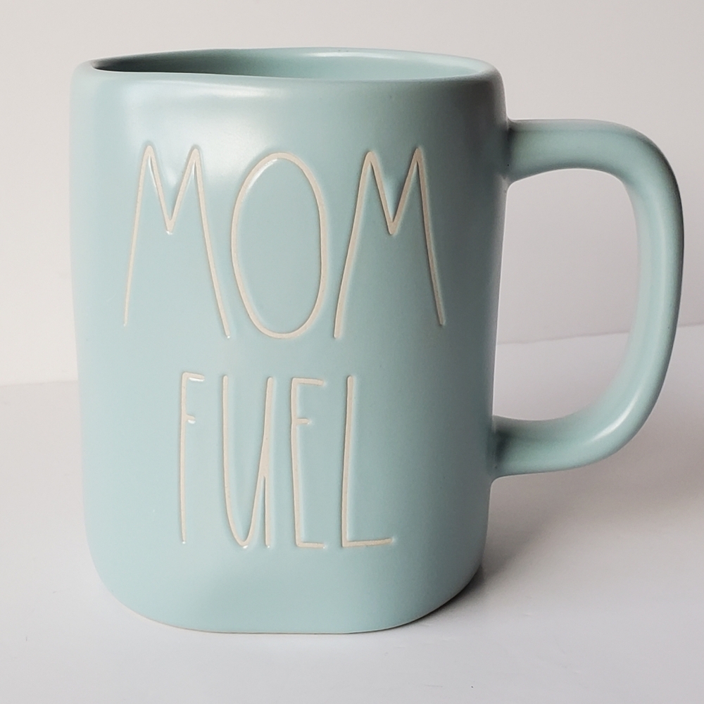 Rae Dunn "MOM FUEL" Pastel Blue Teal Mug with White Lettering EUC